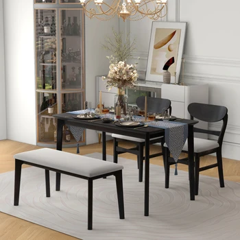 Обеденный стол на 4 персоны, Кухонный стол с 2 стульями и 1 Скамейкой, Каркас из массива дерева и Мягкая подушка для Небольшого пространства, Столовая, 5