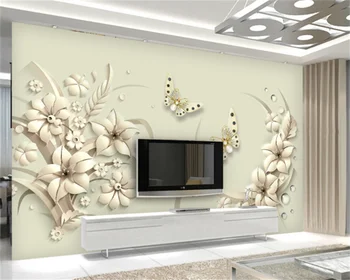 Обои Wellyu на заказ красивая мечта 3D рельефный белый трехмерный цветок бабочка роскошная гостиная ТВ фоновая стена 2