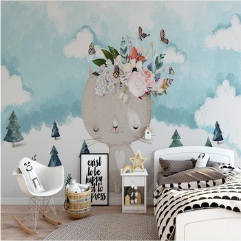 Обои на заказ, современный стиль, минималистичный мультяшный кот, цветок, детская комната, ТВ-фон, стена, домашний декор, фреска из папье-маше 2