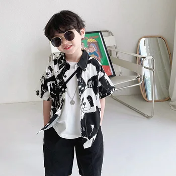 Одежда для маленьких мальчиков и девочек, рубашка с короткими рукавами и принтом панды из мультфильма, модные топы для мальчиков QZ206 5