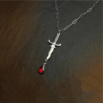 Ожерелье с мечом, цепочкой и красным хрустальным готическим ожерельем, колье с кровавым кинжалом. 14