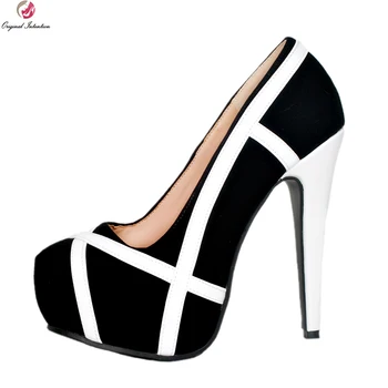 Оригинальное намерение, Супер Элегантные женские туфли-лодочки с круглым носком на тонком высоком каблуке, модные черно-белые женские туфли размера плюс США 4-15 13