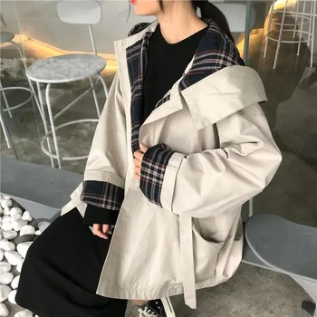 Осенние женские повседневные куртки в клетку с капюшоном 2021 года, женская верхняя одежда в японском стиле харадзюку, женская модная одежда 16