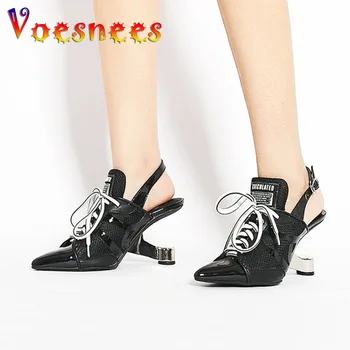 Остроконечные кроссовки на шнуровке, женские летние босоножки с ремешком и пряжкой, модели в странном стиле, обувь для прогулок, 8 см, Черные, на высоких каблуках с вентиляцией 15