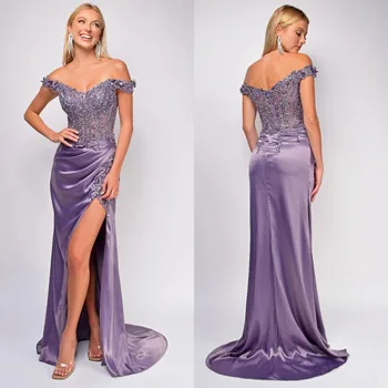 Очаровательные фиолетовые вечерние платья, сексуальные аппликации с открытыми плечами, бусины, платья для выпускного вечера с разрезом по бокам, вечерние женские платья для гостей на свадьбе 9