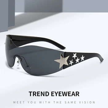 Панк Цельные Солнцезащитные Очки Без Оправы UV400 Y2K Спортивные 3D Звезды Очки Для Женщин Мужчин Модные Спортивные Солнцезащитные Очки Eyewear 3