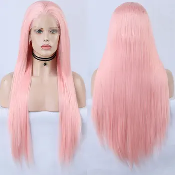 Парик из синтетических волос Living Pink на кружеве, Шелковистое прямое термостойкое волокно, натуральные волосы без пробора для белых женщин, парики 7