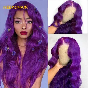 парик с кружевом спереди 13x6 HD, окрашенный в фиолетовый цвет, парики с объемной волной, 13x4 Прозрачные парики из человеческих волос с закрытием спереди или 4x4 для женщин 10