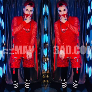 Певец в барах и ночных клубах, DJ DS GOGO, бренд red street, одежда в стиле хип-хоп с пайетками, сетчатый костюм для выступлений 12