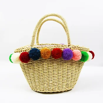 Переносная соломенная сумка с круглым дном, сплетенная из бумажной веревки, красочная сумка с меховым шариком 2