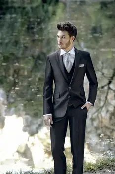 (Пиджак + брюки + галстук + жилет + носовые платки) Черные официальные мужские костюмы, смокинги на заказ, свадебные костюмы для мужчин, приталенные мужские костюмы Terno 9