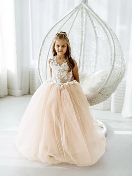 Платья с цветами цвета шампанского для девочек на детскую свадьбу, бальное платье макси для невесты, одежда для причастия, многоуровневое платье с аппликацией 15