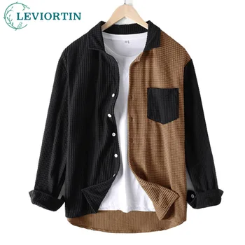 Повседневная мужская рубашка на пуговицах, вельветовая двухцветная рубашка в стиле пэчворк, опрятный лацкан, рубашки с длинным рукавом и карманом 2