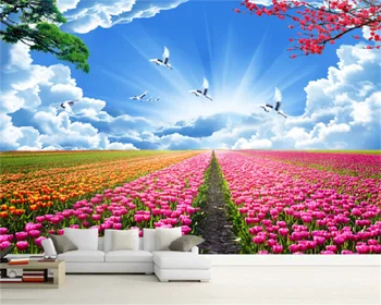 Пользовательские обои современная мода красивые пейзажи тюльпан голубое небо и белые облака гостиная телевизор диван фон настенная роспись 10