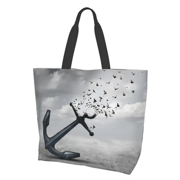 Психологический якорь, отпускающий летающих птиц, абстрактная метафора, холщовая сумка для женщин, сумки для продуктов на кухню выходного дня 13