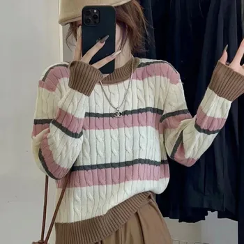Пуловер в Корейскую полоску контрастного цвета с узором из конопли, свитер 2023 года, Новый Повседневный Свободный топ с круглым вырезом и длинным рукавом для женщин 1