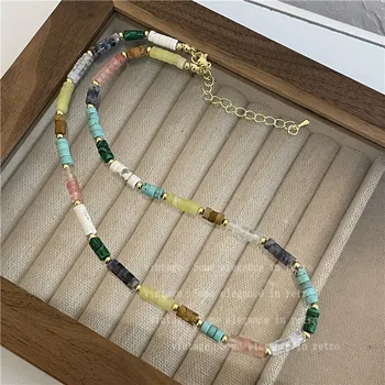 Разноцветное ожерелье из натурального камня и золотых бусин ручной работы, цепочка на ключицу, ожерелье Sen 8