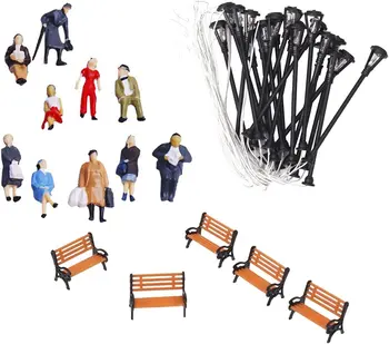 Раскрашенные фигурки людей, скамейка, фонарный столб для сборки макета поезда, упаковка 49 штук