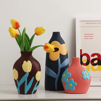 Расписная керамическая ваза Morandi, Скандинавские креативные украшения из сухих цветов, украшения для домашнего крыльца, мебель для телевизора, 1 шт. 10