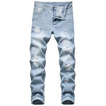 Рваные джинсы для мужчин прямого кроя, весенне-летние открытые уличные брюки в стиле хип-хоп, мужские байкерские джинсы, потертые, 9