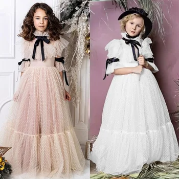 Розово-белое платье для девочки в цветочек, одежда принцессы для причастия, детская юбка с коротким рукавом на День рождения, детская юбка ручной работы на заказ 2
