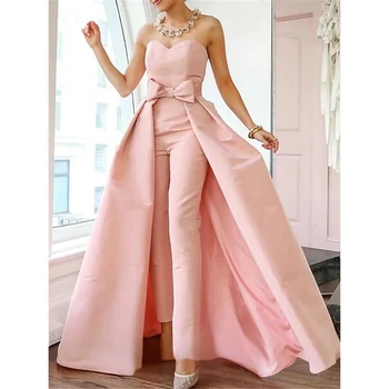 Розовое платье для выпускного вечера без бретелек, без рукавов, со съемным шлейфом, вечерние платья, верхняя юбка с бантом, Vestidos De Graduación 4
