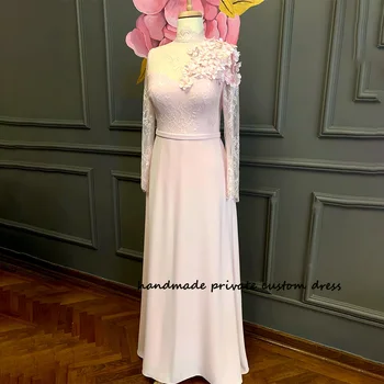 Розовые кружевные Вечерние платья с 3D цветами, длинный рукав, Спандекс, атлас, Свадебное платье для выпускного вечера с высоким вырезом, Индивидуальные Женские вечерние платья 12