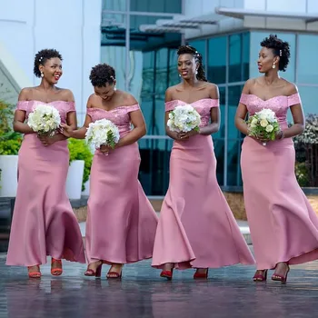 Розовые платья подружек невесты, африканские женщины 2021, платье подружки невесты с открытыми плечами, свадебное платье Русалки 8