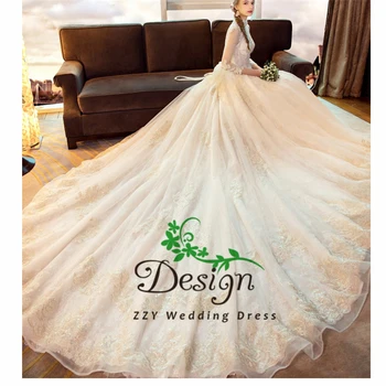 Романтические свадебные платья для новобрачных, бальное платье принцессы с длинными рукавами, кружевные и атласные аппликации, бисероплетение, Тяжелая ручная работа, бальное платье принцессы