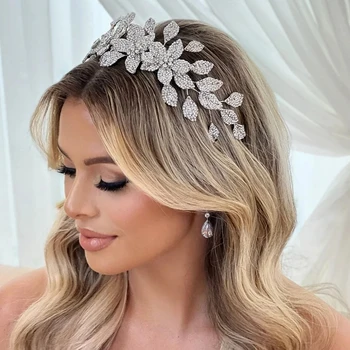 Роскошная цветочная повязка на голову, свадебная корона, аксессуары для волос для женщин, свадебный лист, хрустальная лента для волос в стиле барокко, украшения для выпускного вечера