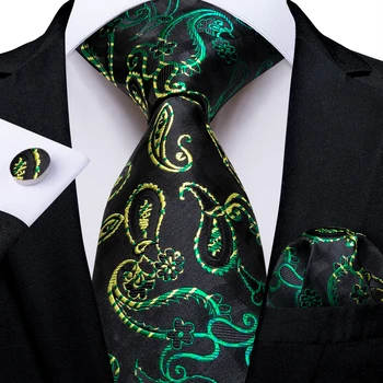 Роскошный мужской набор галстуков из черного шелка с зеленым узором Пейсли 2022, Свадебные Аксессуары, Носовой платок, Запонки, Подарки для мужчин, Прямая поставка 3