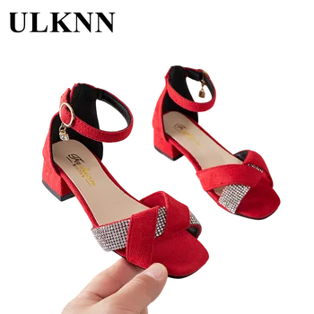 Сандалии для девочек Детские красные сандалии на каблуках Sanldaies Летние сандалии Принцессы со стразами На толстых каблуках с кисточками Женская обувь 11