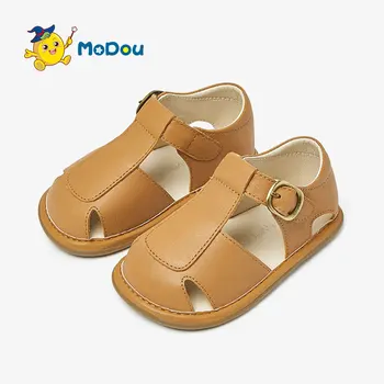 Сандалии из натуральной кожи для девочек Mo Dou, Мягкая функциональная обувь для малышей, нескользящие твердые вырезы с носком, дышащие.
