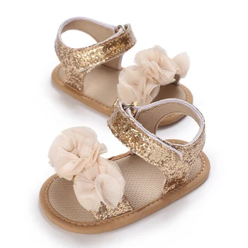 Сандалии с цветами для маленьких девочек; Летние модельные туфли принцессы на плоской подошве с мягкой подошвой; нескользящая обувь для первых прогулок; 2