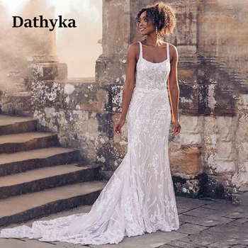 Свадебное платье на тонких бретельках Dathyka с аппликациями для невесты, фестончатая пуговица, без рукавов, без спинки, придворный шлейф, тюль Русалка 3