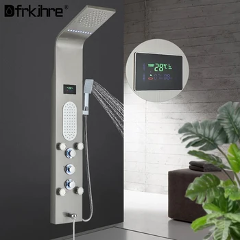 Светодиодная душевая панель с дождевым водопадом в ванной, Цифровой дисплей, массажные спа-струи, душевая колонка с ручным душем, носик для ванны. 15