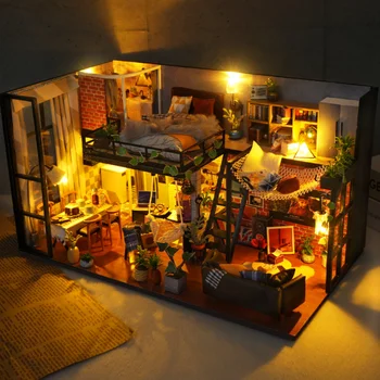 Сделай сам Большой дом Кукольный домик Строительный набор СДЕЛАЙ САМ Деревянный кукольный дом Миниатюрная спальня с мебелью Светом и чехлом для пыли для детской игрушки 1