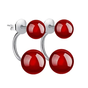 Серебряные серьги 925 пробы Для женщин, серьги-кольца, заклепки для ушей, черные серьги с красным агатом, двойные шарики, серьги-гвоздики из стерлингового серебра 925 пробы с жемчугом 3