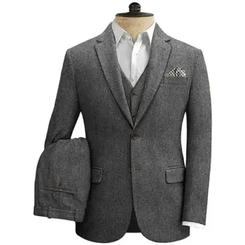 Серый мужской костюм из 3 предметов (куртка + жилет + брюки) Однобортные повседневные комплекты приталенного кроя с рисунком в елочку, однотонные, с красивым отворотом, облегающие 16