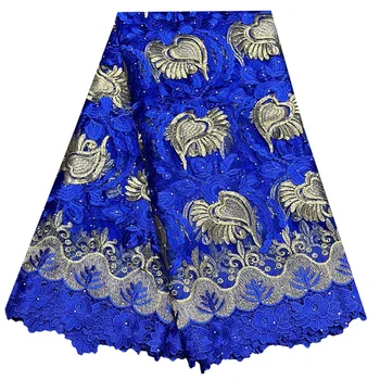 Синяя Африканская сетчатая кружевная ткань, Гипюровая кружевная ткань, Африканская кружевная ткань, 5 ярдов, Нигерийский Французский тюль, кружевная ткань для свадьбы T279 1