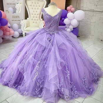 Сиреневое Бальное платье С V-образным вырезом, Пышные Платья с 3D Цветочными Аппликациями Из Бисера, Платья Принцессы Золушки 16, Vestidos De 15 Anos 18