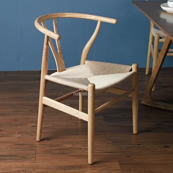 Скандинавский обеденный стул, Современная массивная древесина, простой ясень, кресло для отдыха с веревочным сиденьем, Деревянные Стулья, китайский Y-образный стул 6