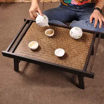 Складной чайный столик из массива дерева, плетеный из бамбука, татами, балконный столик, простой японский чайный столик, переносной настольный столик 19