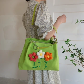 Сумка на одно плечо Модная цветочная холщовая сумка Большой емкости с несколькими отделениями для поездок на работу, простая и модная женская 8