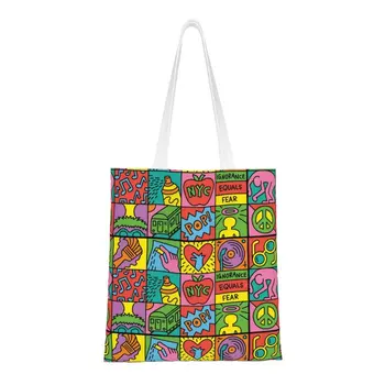 Сумки-тоут с рисунком Микки Харинга с кавайным принтом, моющиеся холщовые сумки-шопперы Keiths Dancer с граффити 17
