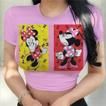 Топ, женская футболка, модная футболка Disney с Микки/Минни Маус, Летний Сексуальный облегающий укороченный топ с принтом для вечеринки, Оверсайз, Новинка 1