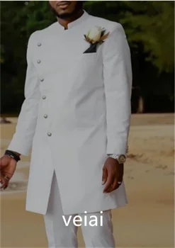 Туника, белые официальные мужские костюмы с воротником-стойкой, длинный жакет из 2 предметов, брюки, Свадебный смокинг для женихов, модные мужские костюмы 2022 6
