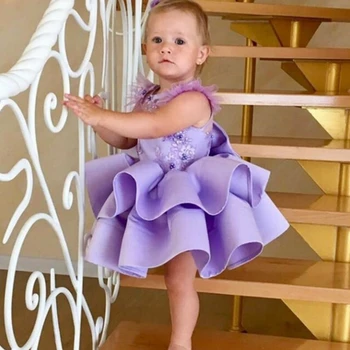 Фиолетовое платье в цветочек с оборками и бантом сзади, атласное, расшитое бисером, длиной до колен, милые детские платья для дня рождения, первого причастия 5