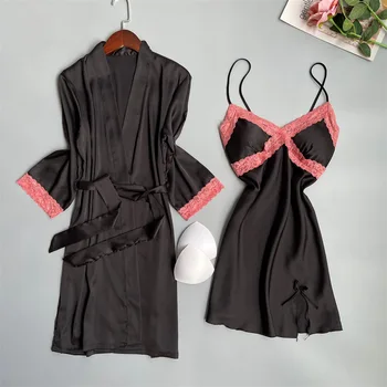 Халат, костюм, Женское Кимоно, пижамы, Атласная ночнушка и халат, Сексуальное интимное белье, Перспективная Ночная одежда, Кружевная домашняя одежда в стиле пэчворк