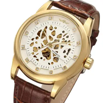 ЧАСЫ WINNER с золотой поверхностью в виде плотного цветка, серебряный указатель, цифровой циферблат, коричневый кожаный ремешок, мужские автоматические часы 14